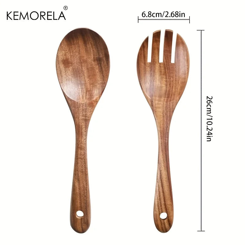 KEMORELA Acacia Wood Salad Servers – Long Handle Spoon & Fork