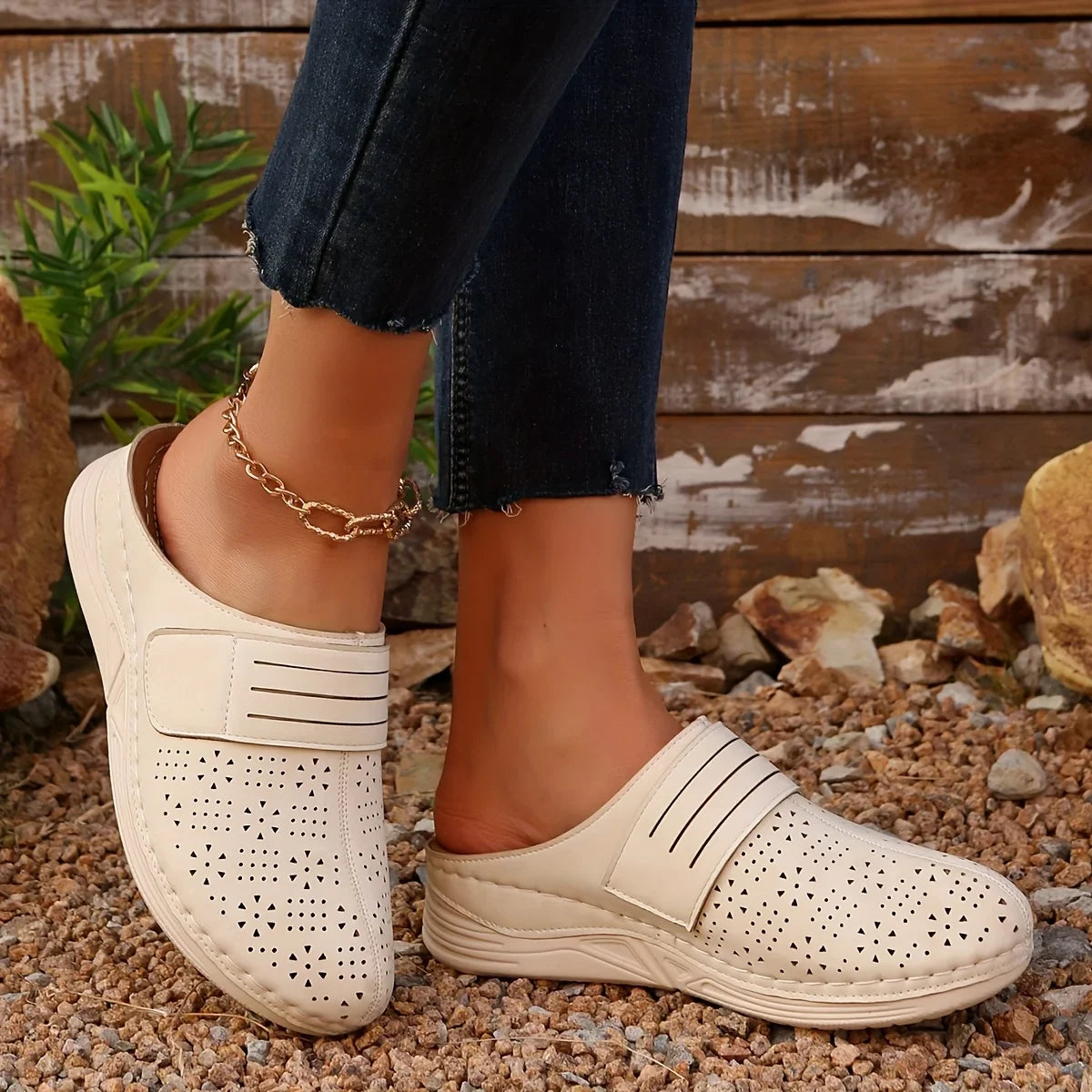 Women's Vintage Wedge Mule Sandals – Slip-On Faux Leather