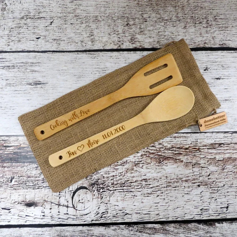 Personalized Bamboo Spoon & Spatula Set | Engraved Kitchen Gift