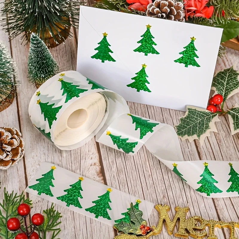 1000 Sheets 2 Rolls Mixed Christmas Sticker Roll Laser Green Tree Red