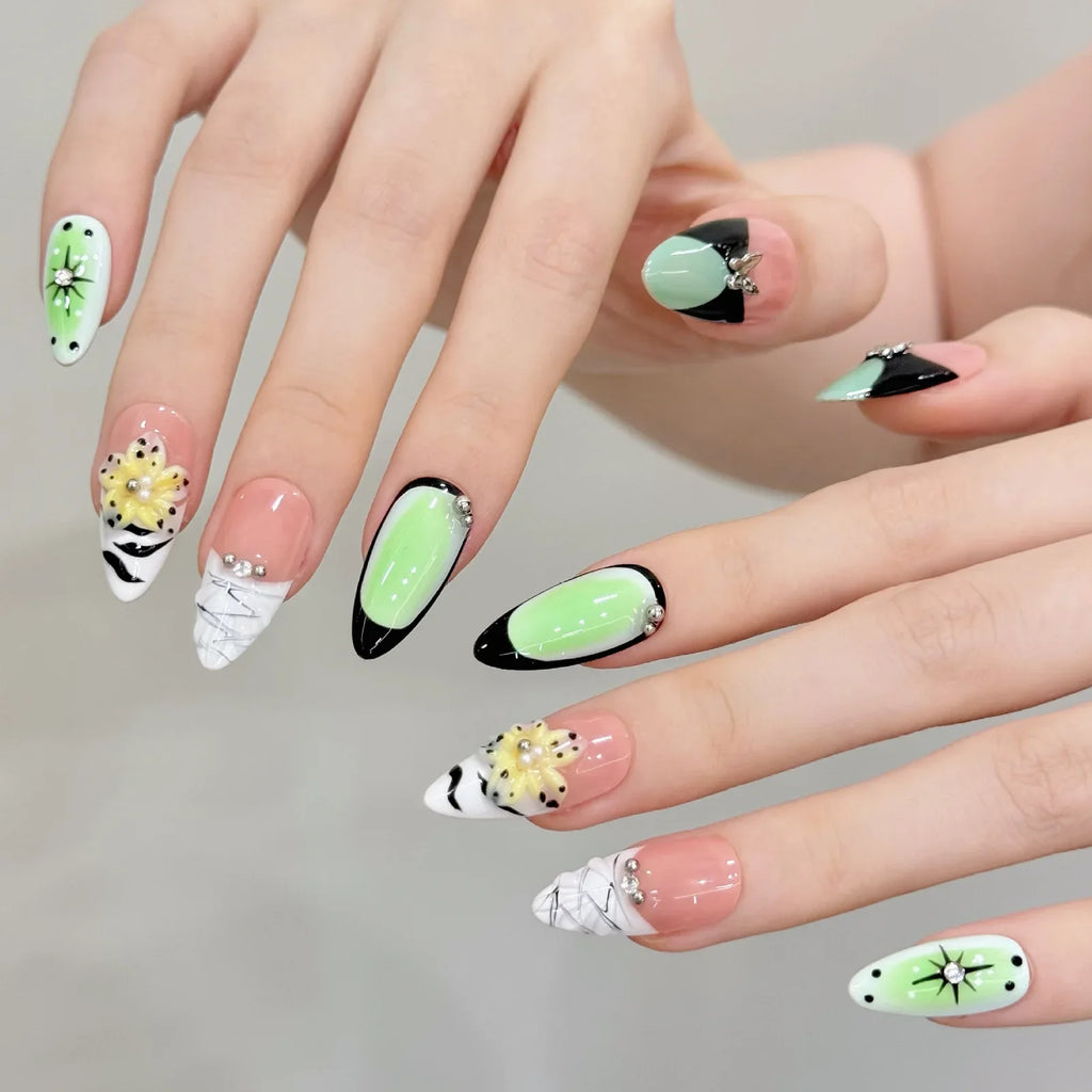 Handmade Press On Nails – 3D Flowers Cat's Eye Long False Tips
