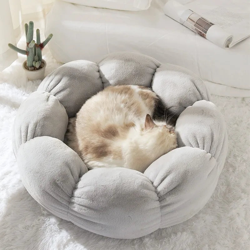 All Season Plush Cat Bed Neck Guard Flower Shaped Round Pet Cats