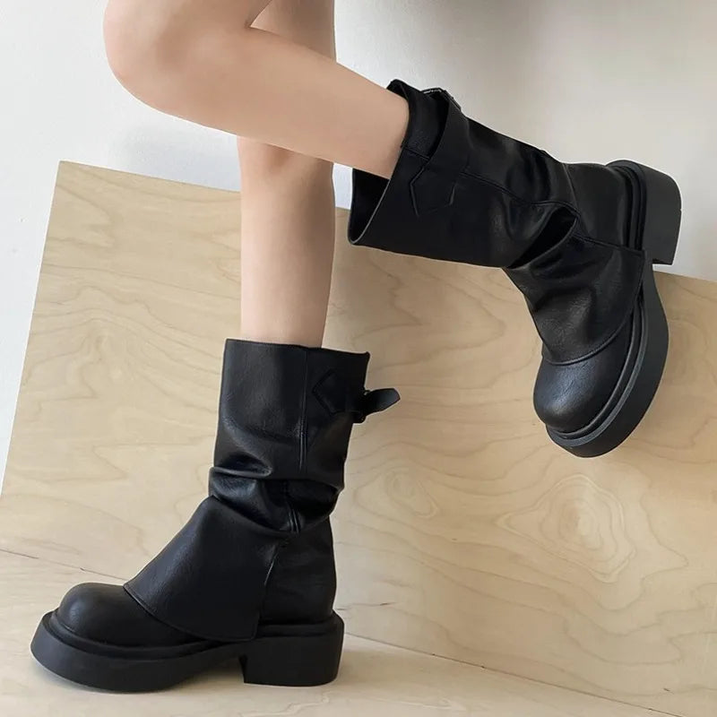 Women's Chunky Platform Mid-Calf Boots | Retro British Style