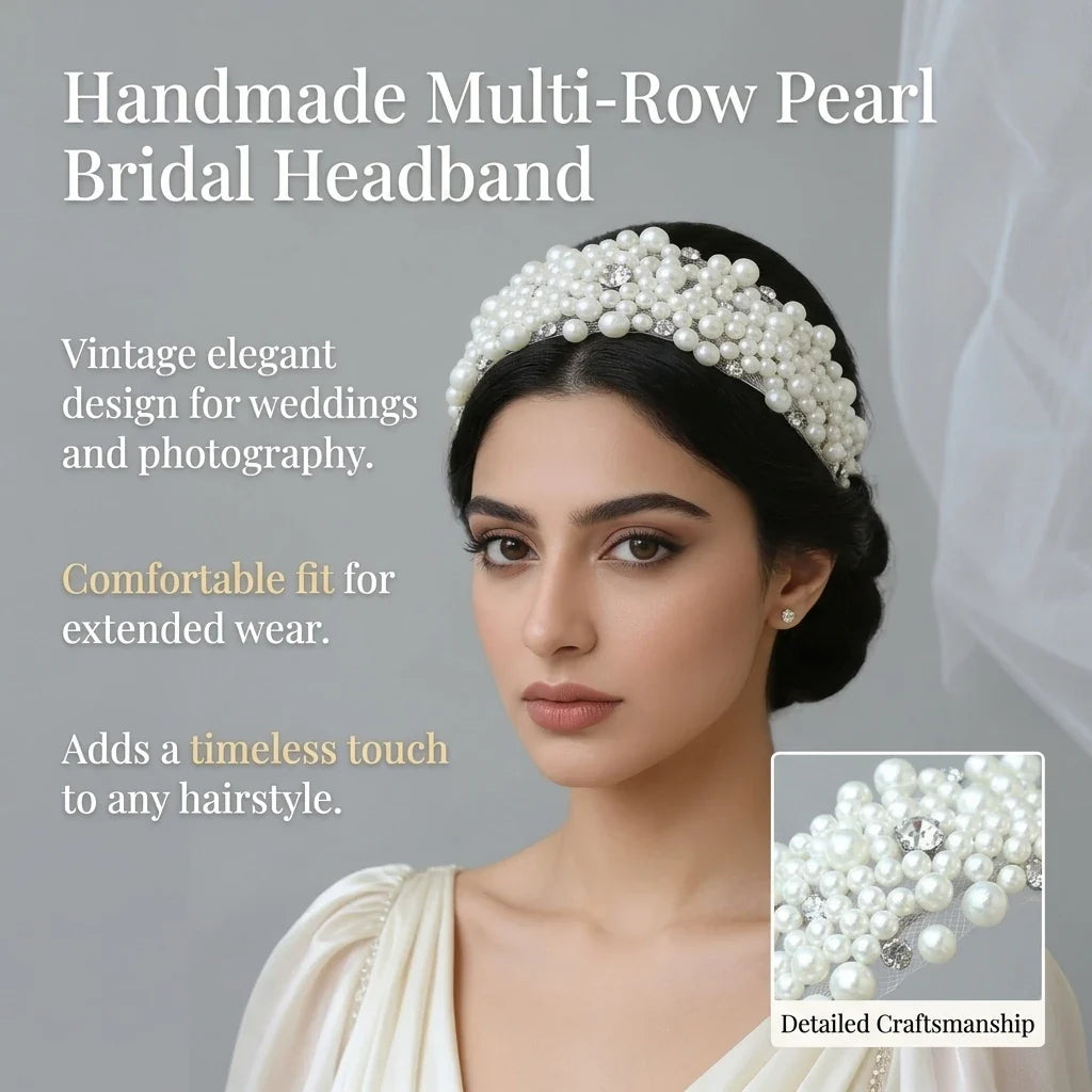 Vintage Pearl Bridal Headband | Handmade Multi-Row Wedding Hair