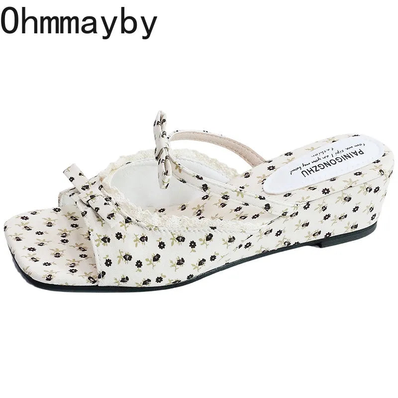 Women's Floral Wedge Slippers – Open Toe Slip-On Summer Slides