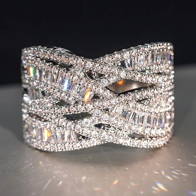 Huitan Cross Finger Ring – Silver CZ Pavé Fashion Ring for Women