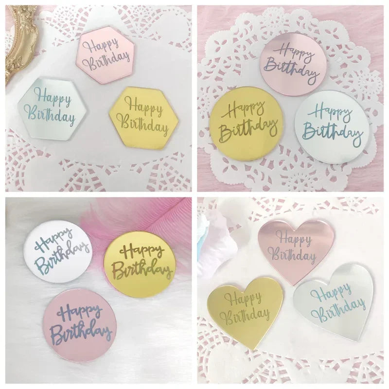 Happy Birthday Cupcake Toppers Gold Acrylic Circle Dessert Cake DIY