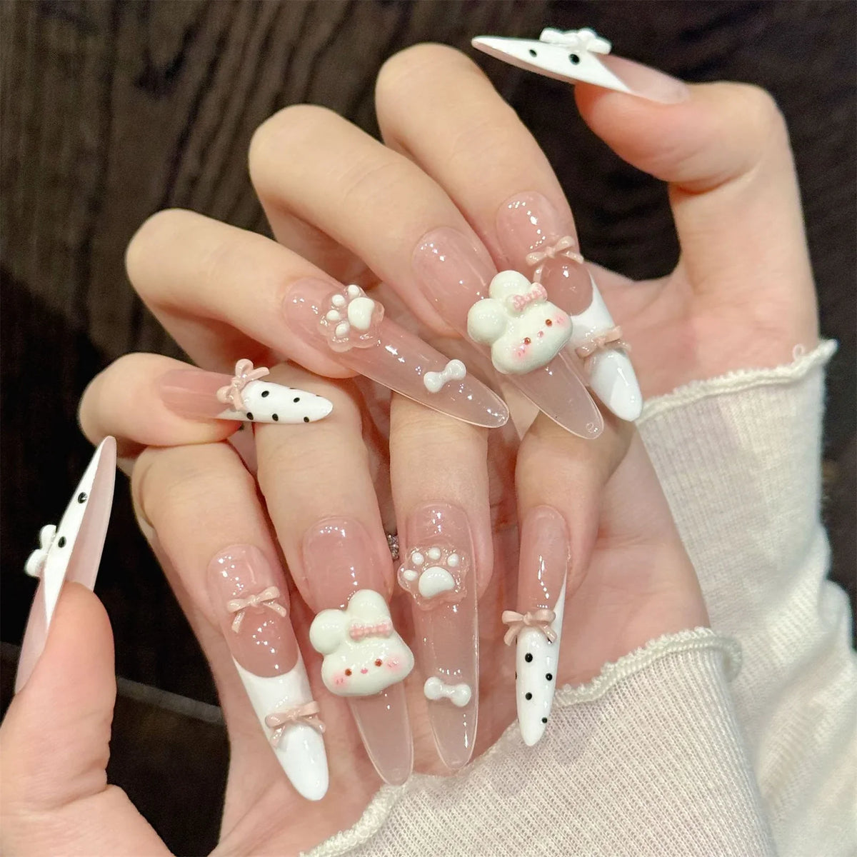 3D Pink Rabbit Press On Nails | Almond Gradient Korean Style
