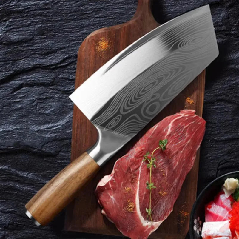 InLeung Stainless Steel Meat Cleaver – Wood Handle Butcher Knife