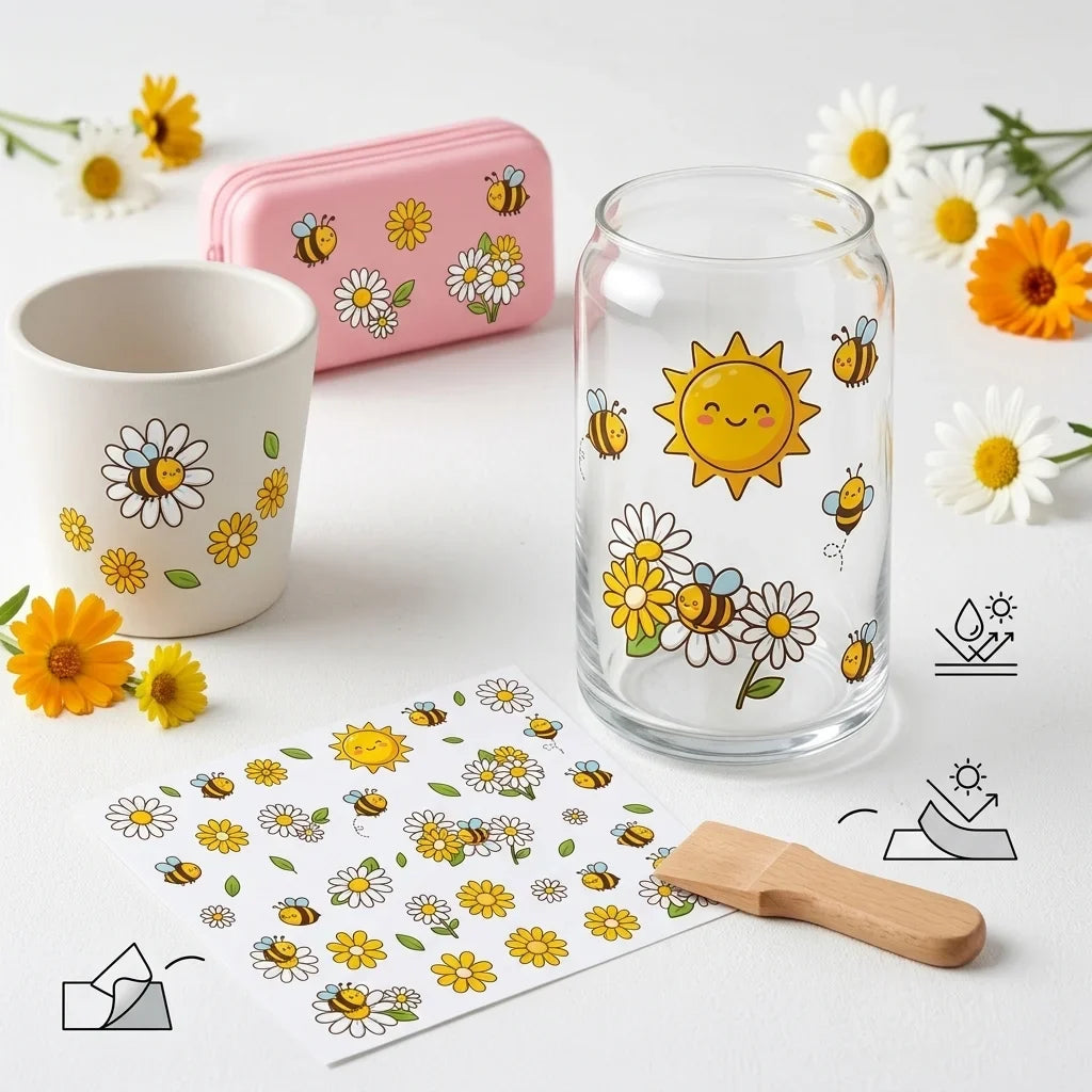 Bee & Daisy UV DTF Waterproof Stickers – DIY Decals for Cups