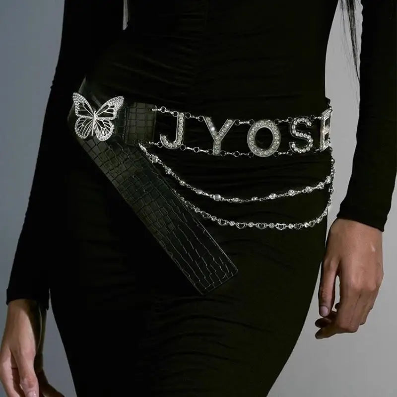 Rhinestone Y2K Letter Belt – PU Butterfly Chain Women's Belt
