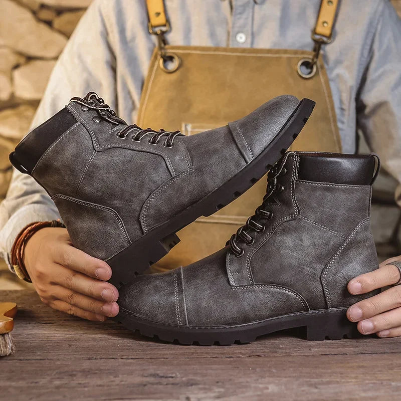 YBQJOO High Top Ankle Boots – Unisex Lace-Up PU Leather