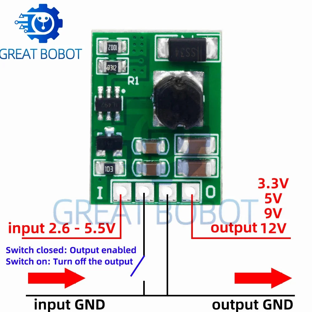 DC-DC Step-Up Boost Converter Module 3V–5V to 5V 9V 12V