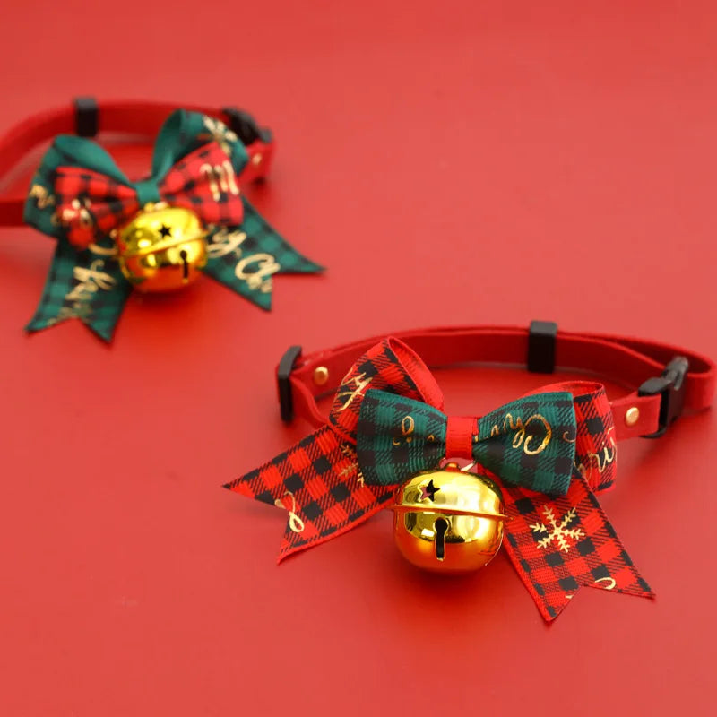 Christmas Pet Collar Bell Bow Red Green Themed Adjustable Dog Cat