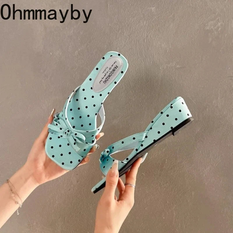 Satin Butterfly-Knot Women's Block Heel Slippers – Polka Dot