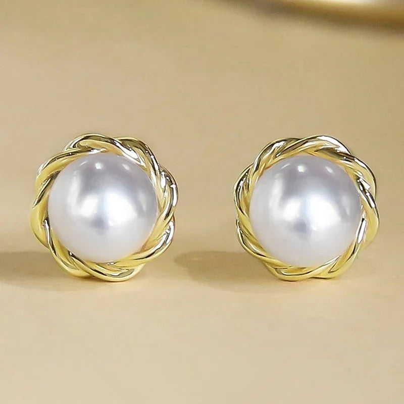 Huitan Gold Pearl Stud Earrings | Simulated Pearl Fashion Jewelry