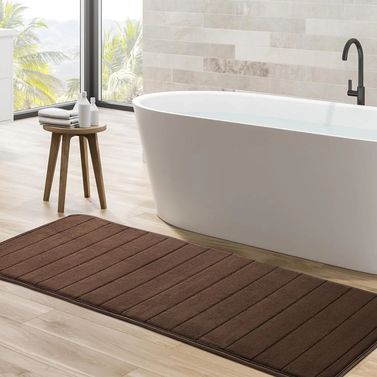 Extra Long Memory Foam Bath Mat – Brown Non-Slip Shower Runner