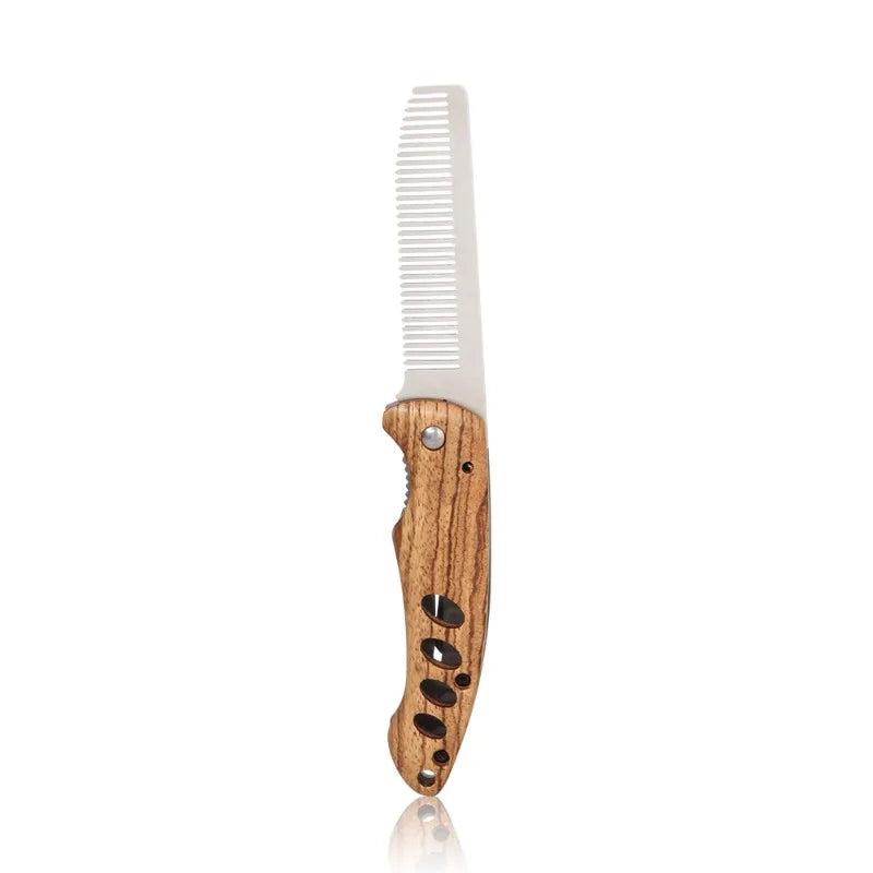 Solid Wood & Metal Folding Beard Comb – Travel Grooming Kit