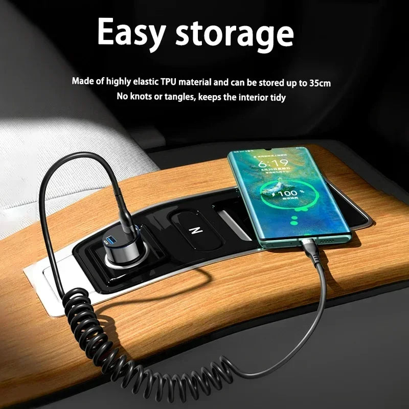 66W 5A Retractable USB-C Fast Charging Spring Car Cable