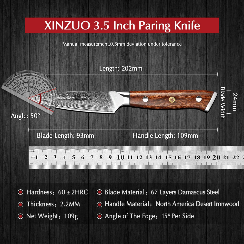 XINZUO 3.5" Damascus Paring Knife – VG10 Steel & Ironwood