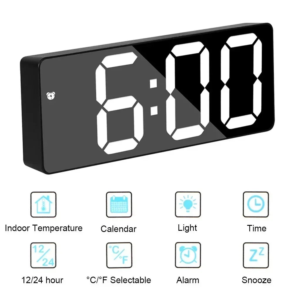 Digital Mirror Alarm Clock with LED Display & Thermometer