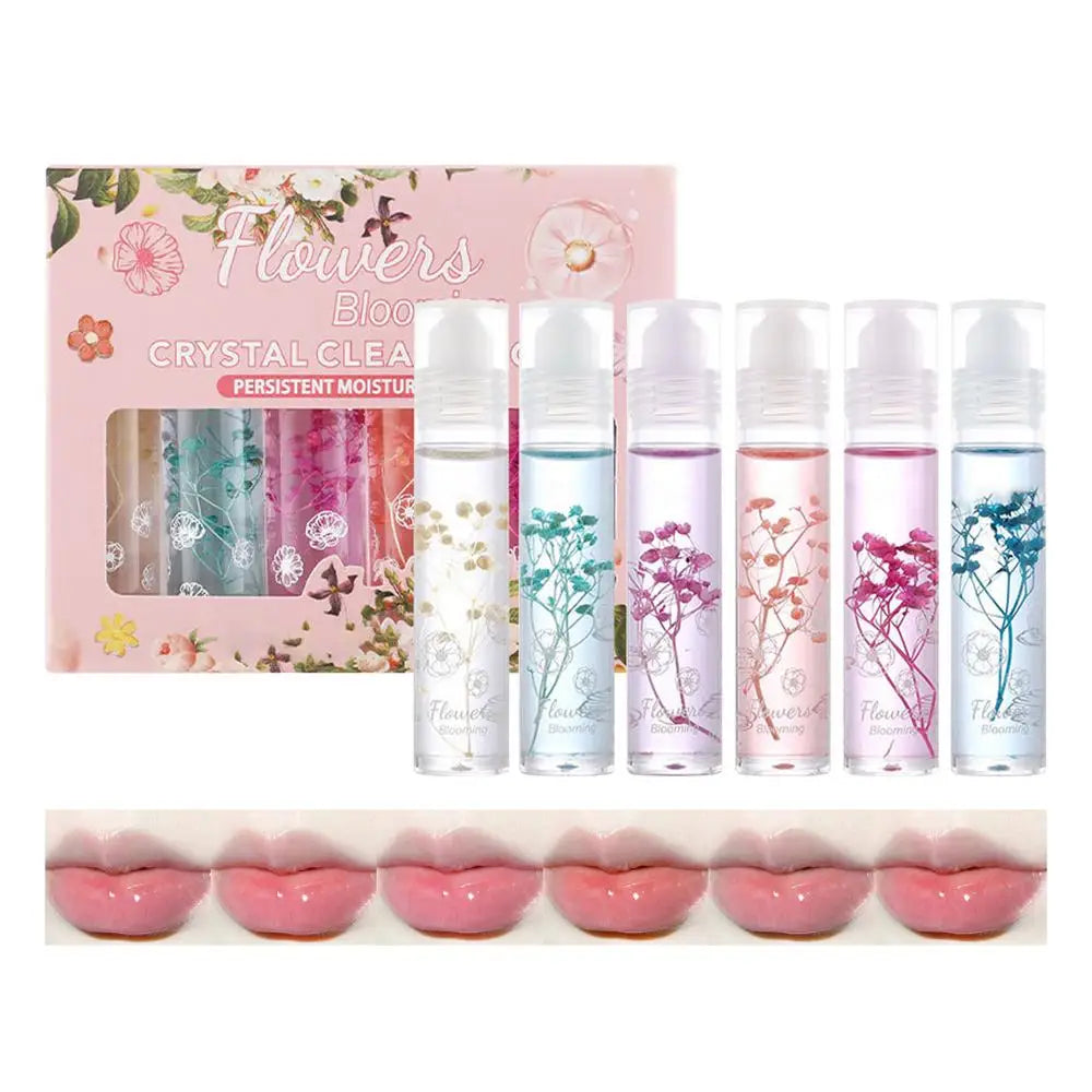 Flower Roll-On Lip Oil Set – Crystal Clear Gloss 6pc