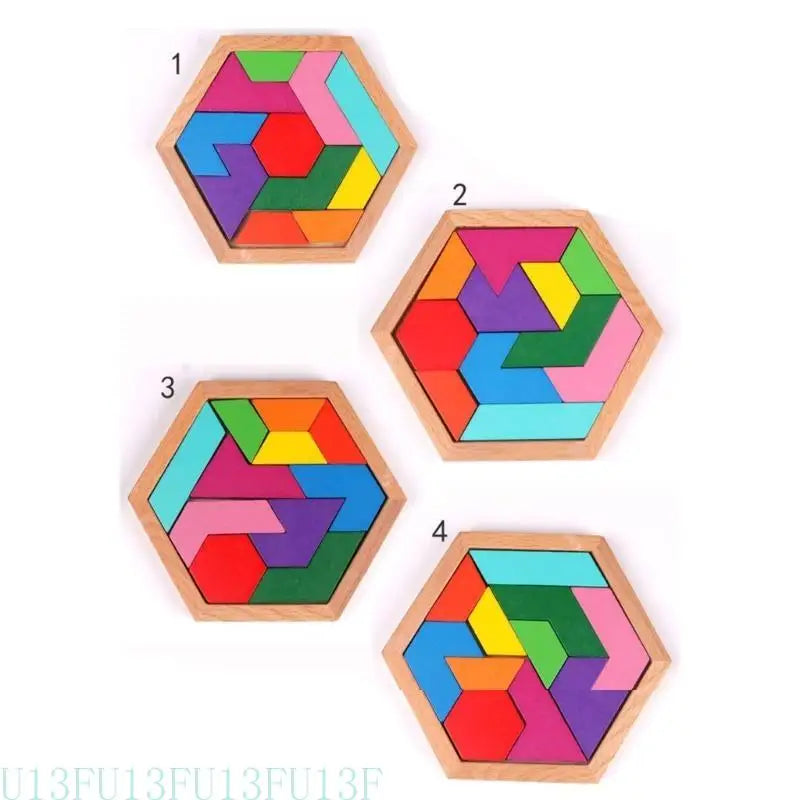 Wood Hexagon Tangram Puzzle – STEM Brain Teaser for Kids & Adults