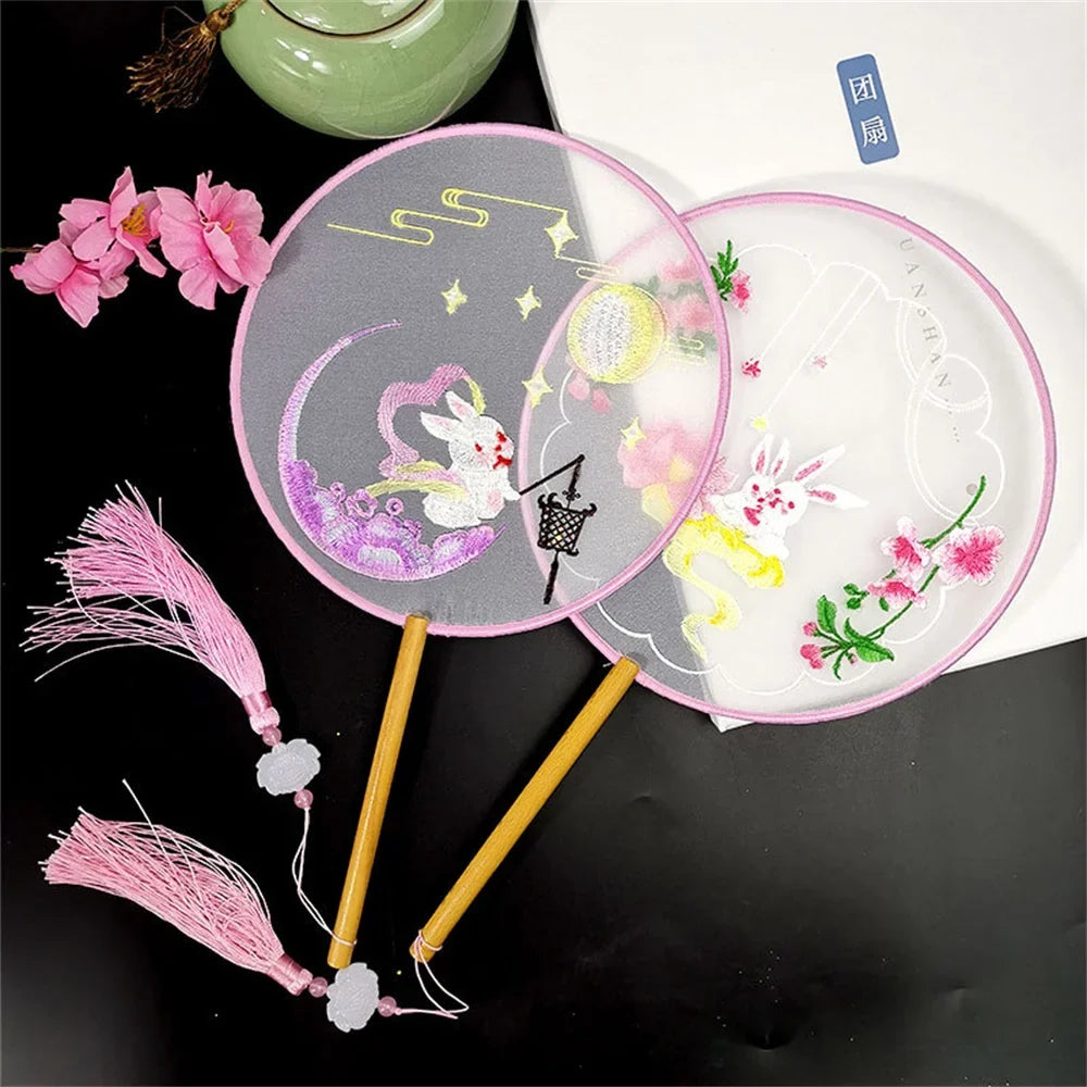 Round Double Sided Embroidery Fan Chinese Wooden Handle Pendant