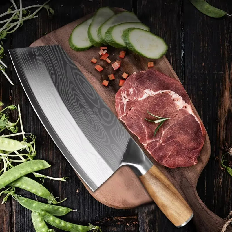InLeung Stainless Steel Meat Cleaver – Wood Handle Butcher Knife