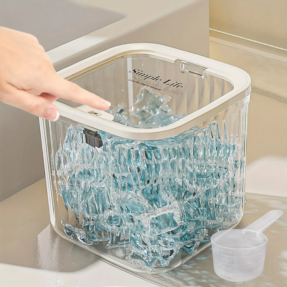 Laundry Capsule Container Detergent Scoop Jar Seal Pop-up Lid