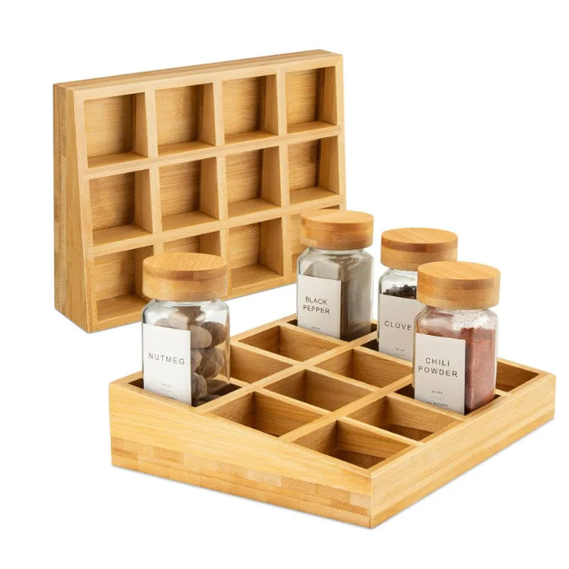 Bamboo 12-Compartment Spice Rack Desktop Condiment Organizer