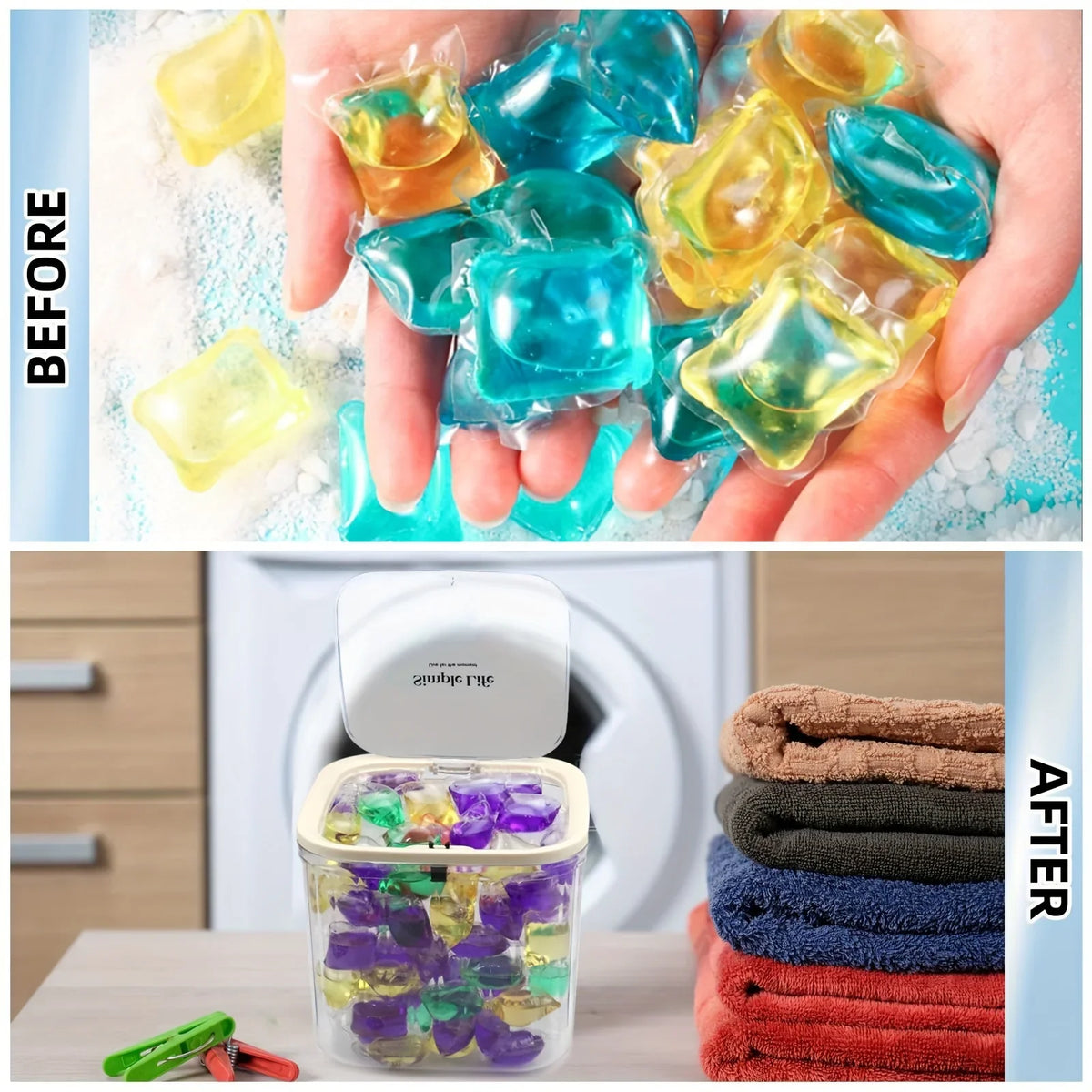 Laundry Capsule Container Detergent Scoop Jar Seal Pop-up Lid