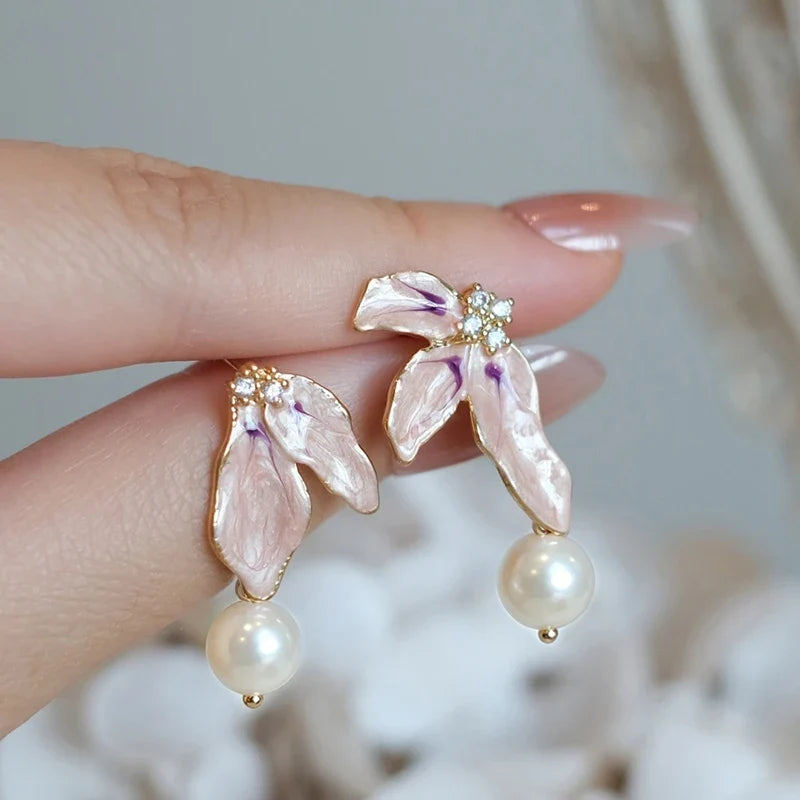 Huitan Pink Enamel Flower & Pearl Drop Earrings | Women