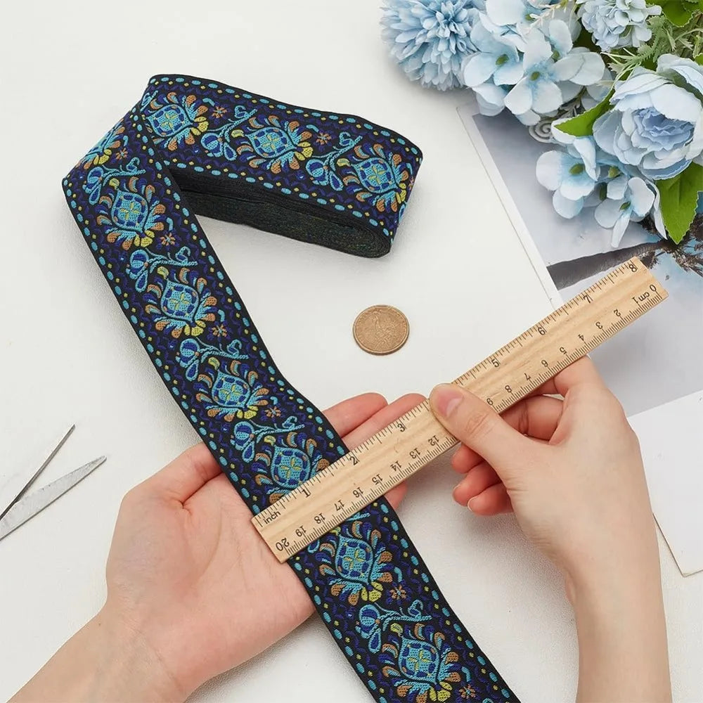 Ethnic Jacquard Flower Ribbon Sky Blue 2 inch – 10 Yards Sewing