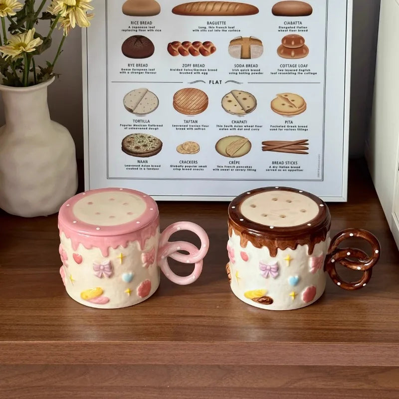 Hand-Painted Cake Ceramic Mug with Lid – Large Capacity Cup