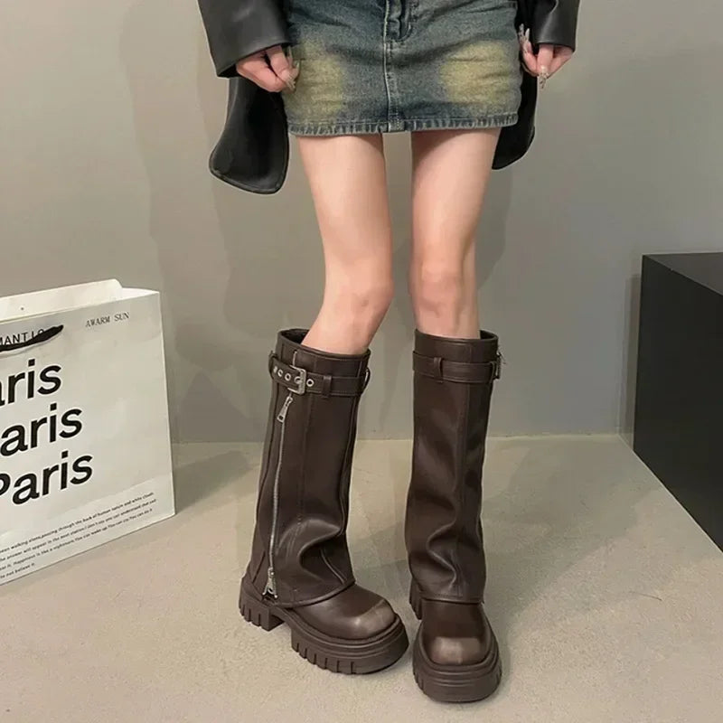 Women's Knee-High Biker Boots – Platform Belt Buckle Winter