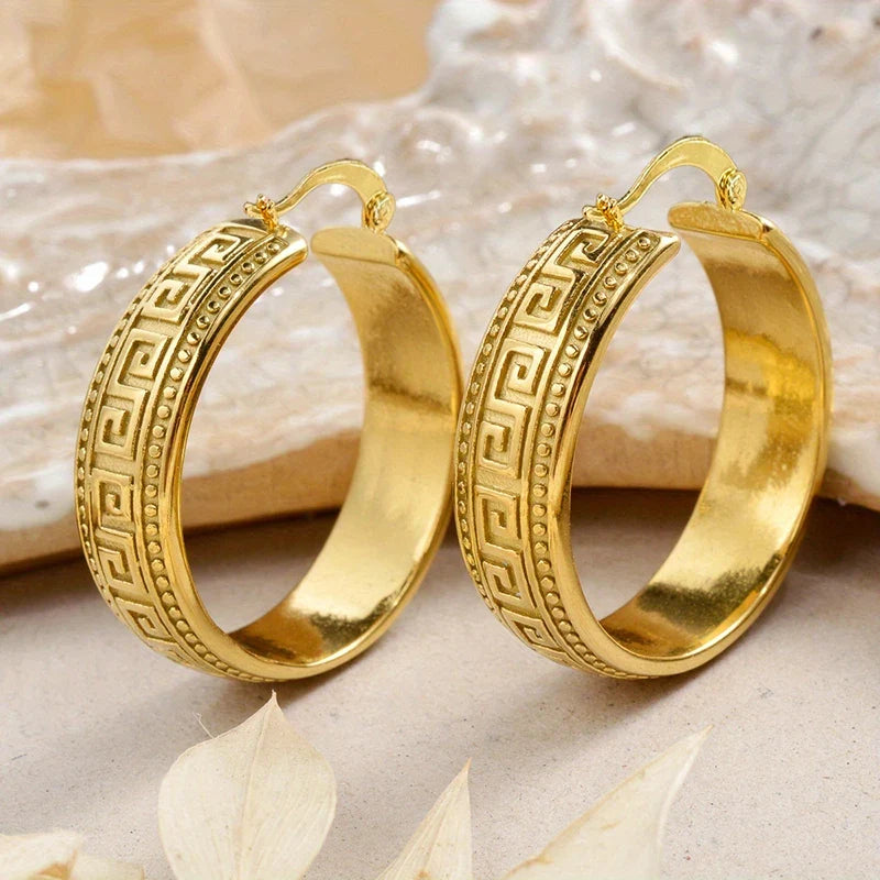 Huitan Greek Key Hoop Earrings – Vintage Geometric Women's Jewelry