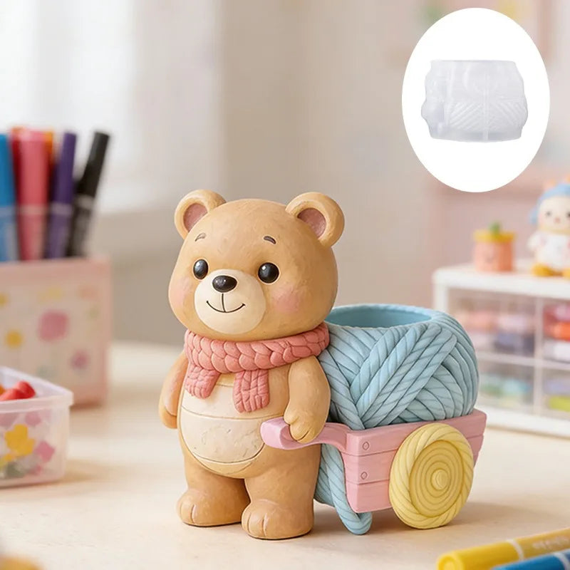 Floral Cart Bear Silicone Mold DIY Cement Plaster Gypsum Cup Resin