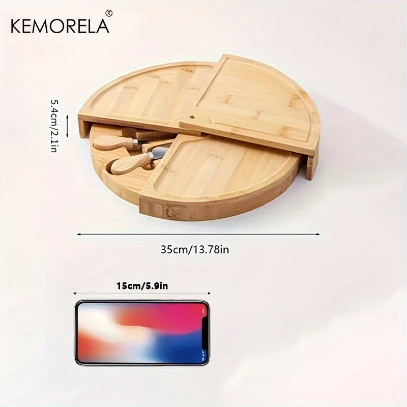 KEMORELA Wooden Cheese Board Set with Drawer & Cutlery Tools