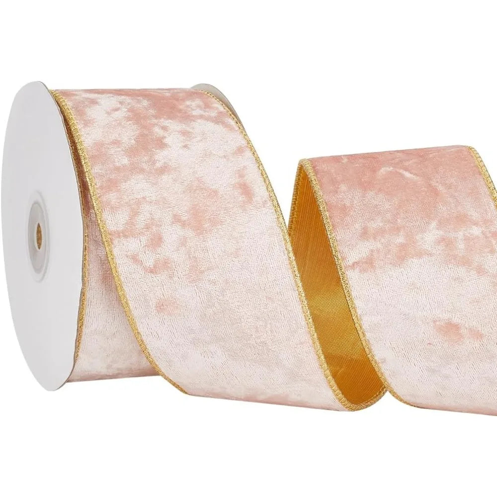 10 Yards Pink Velvet Wired Ribbon Gold Edge 2.5 Inch Bows