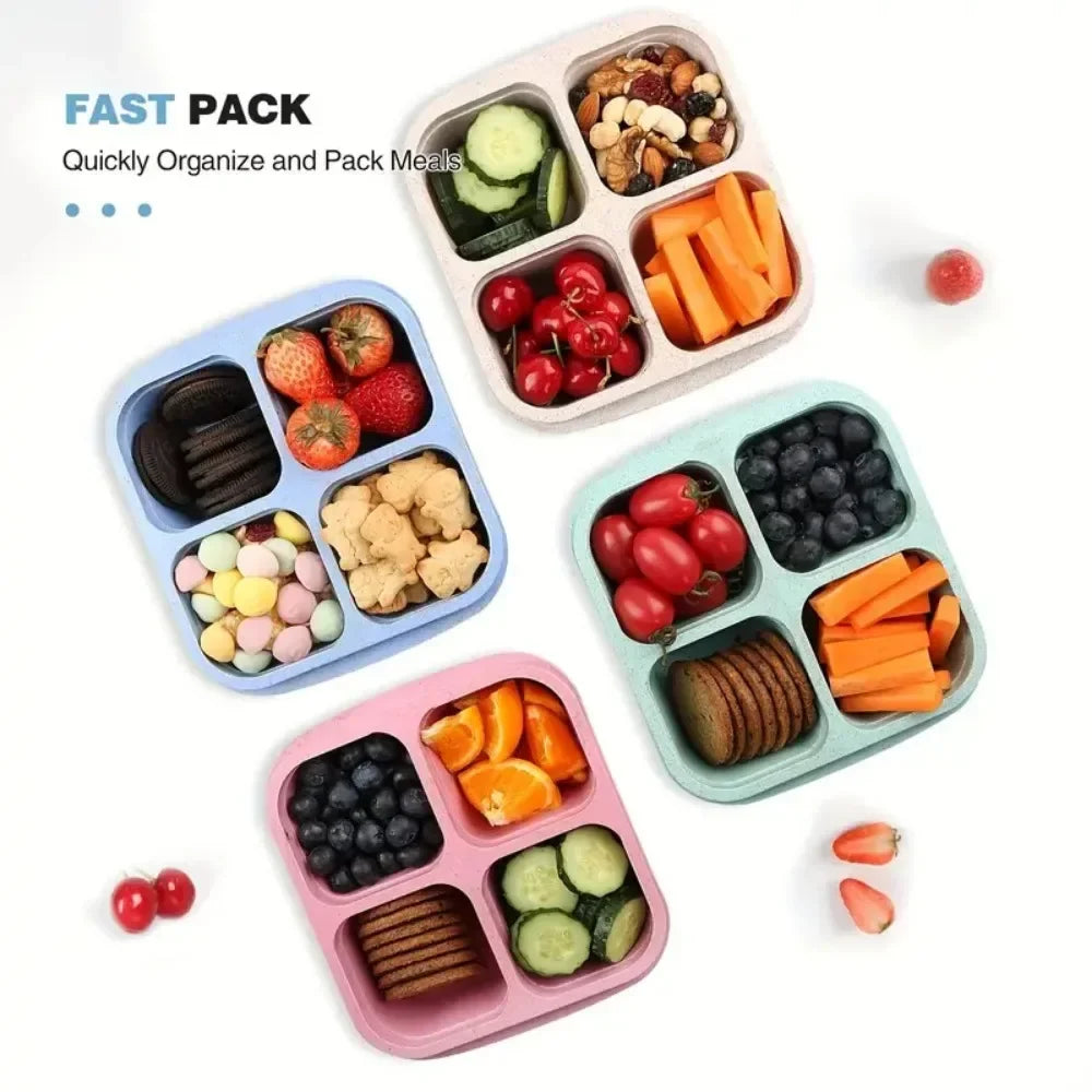 4 Grid Snack Containers Reusable Meal Prep Lunch Portable Kids Adults