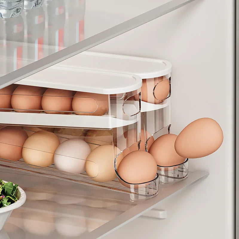 2-Tier Auto-Roll Egg Holder – Fridge & Countertop Organizer