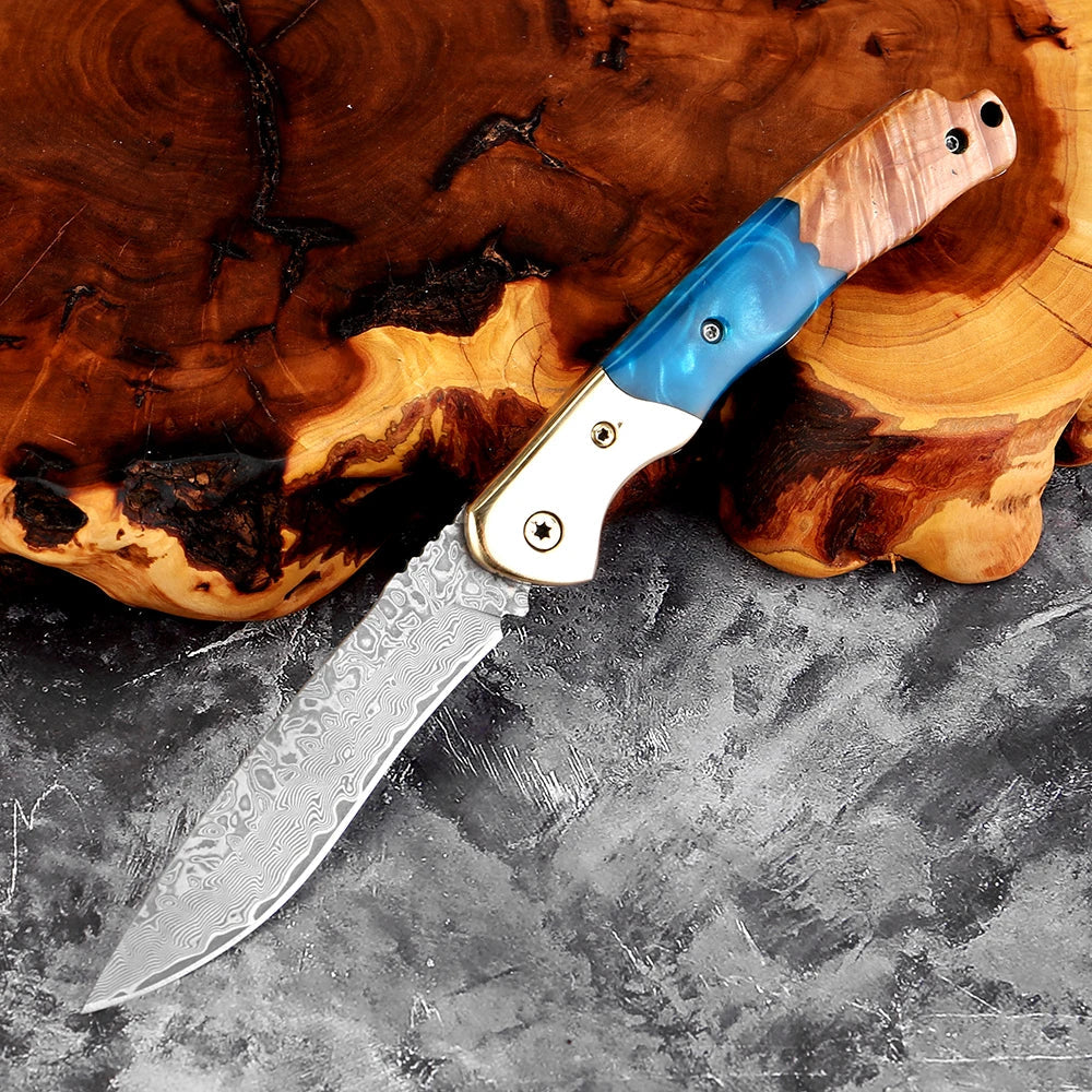 Damascus Steel Folding Knife – Rosewood & Resin Handle | EDC