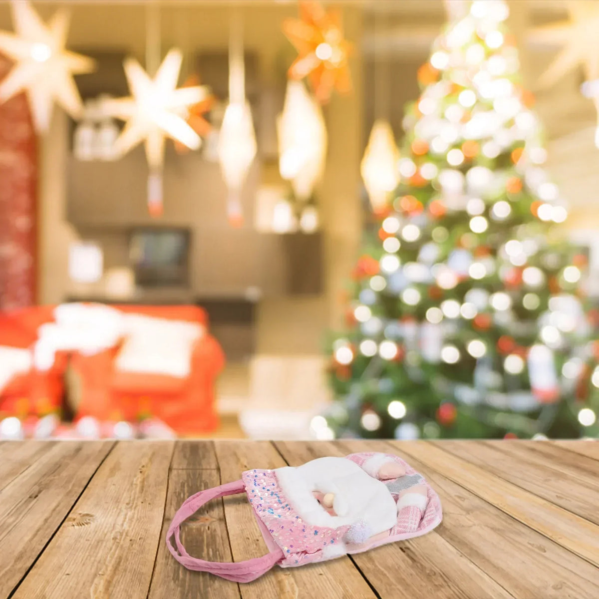 Christmas Gift Bag – Cartoon Doll Fabric & Pink Beads | Festive