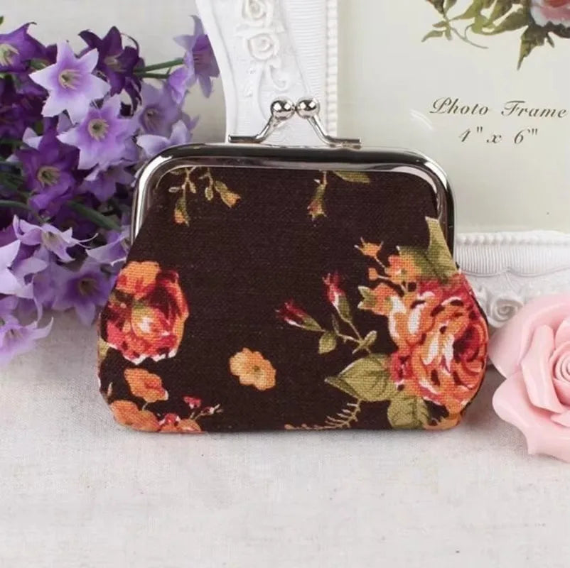 Retro Rose Floral Canvas Coin Purse – Mini Wallet Pouch
