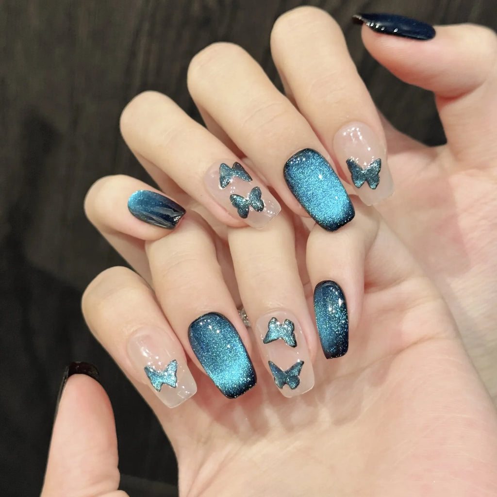 Blue Cat Eye Press On Nails – Butterfly Almond Tips 10pc
