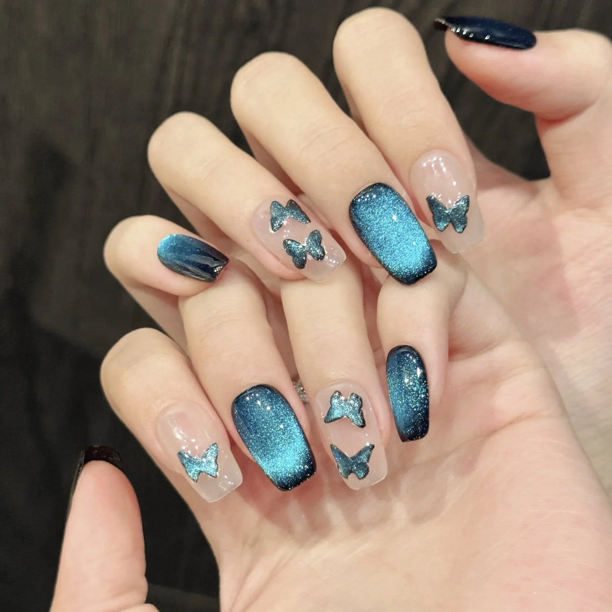 Blue Cat Eye Press On Nails – Butterfly Almond Tips 10pc