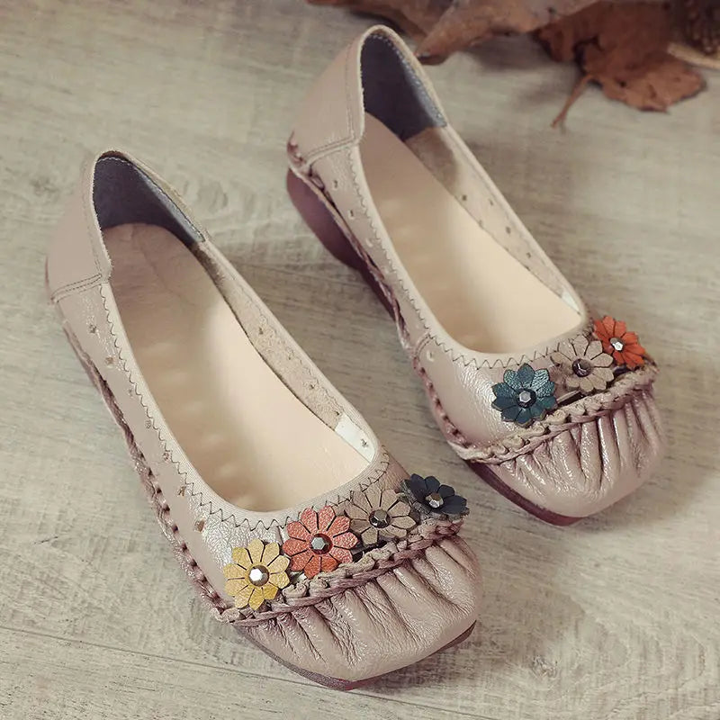 Women's Genuine Leather Floral Loafers | Wide Fit Flat Moccasins