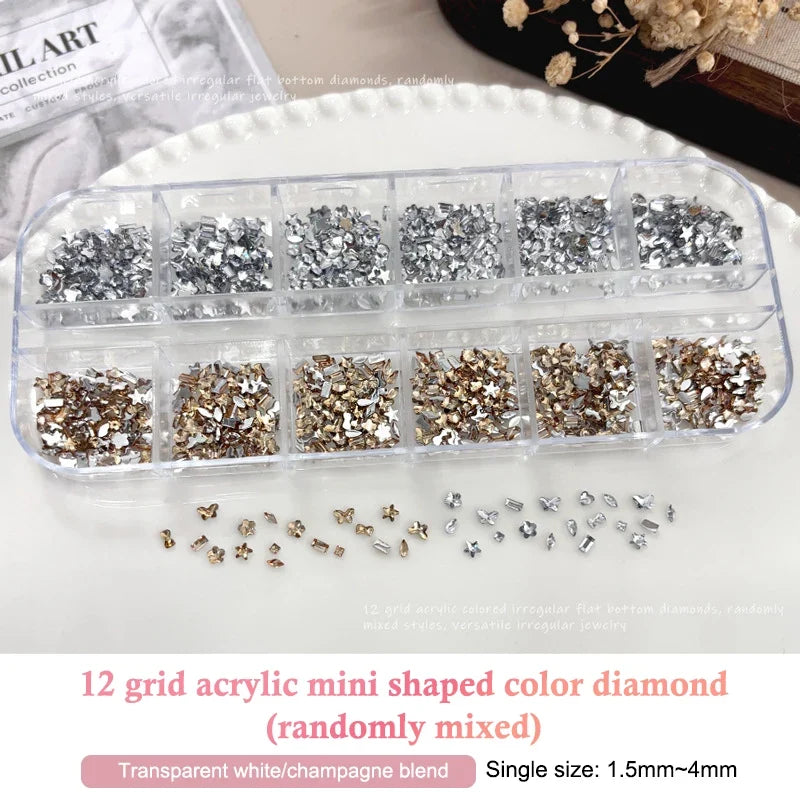 12-Grid 3D Flatback Nail Rhinestones | Crystal Nail Art Charms