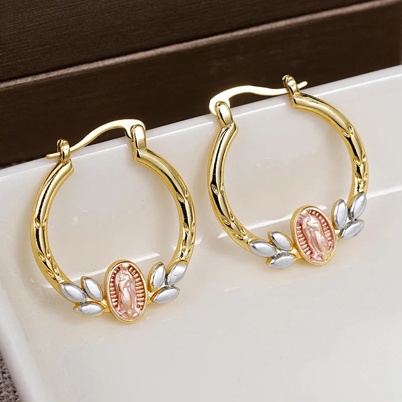 Huitan Virgin Mary Gold Hoop Earrings – Enamel Leaf Circle